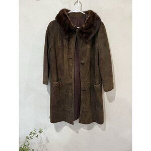 Vintage 70’s Suede Leather Coat Mink Collar Medium Chocolate Brown Button Up
